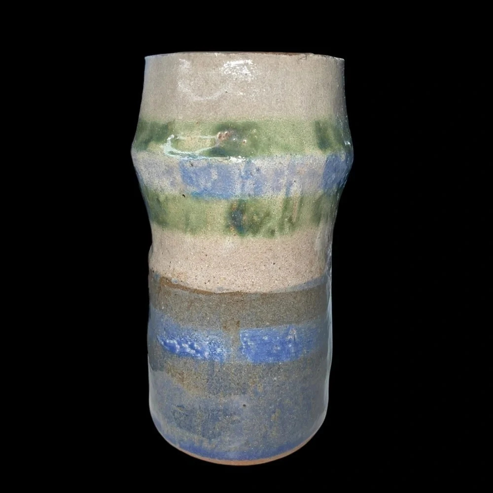 Vintage Handmade Stoneware Cylinder Vase Blue Gray Green Glaze 6.75